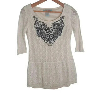 Flying Tomato Lace Peplum Long Sleeved Top Black Embroidery Women's Size S